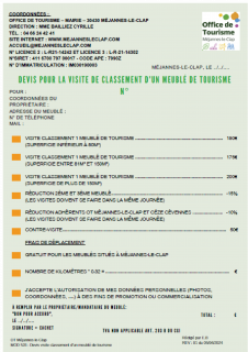 Devis pour la visite de classement d'un meublé de tourisme